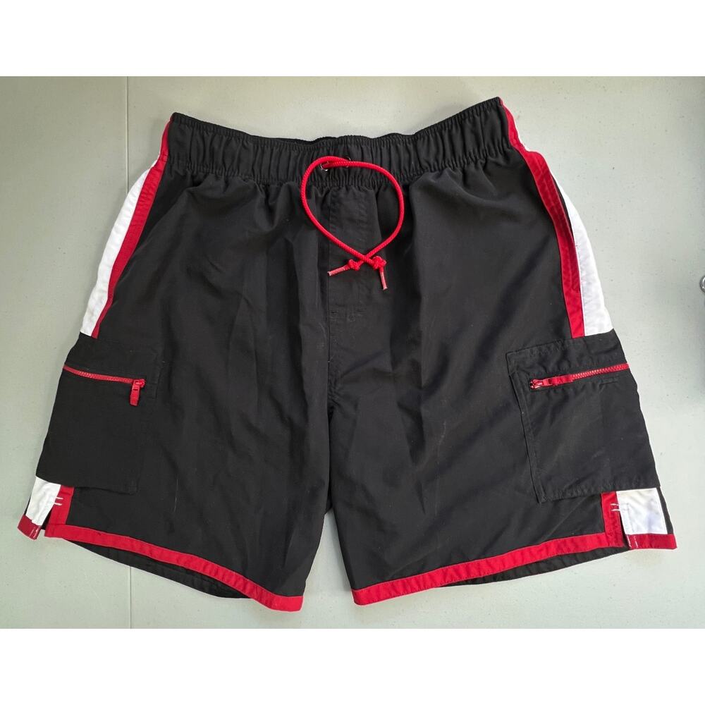 Men’s First Wave Swim Trunks Black Red Cargo Pockets Mesh Lined Drawstring Sz L
